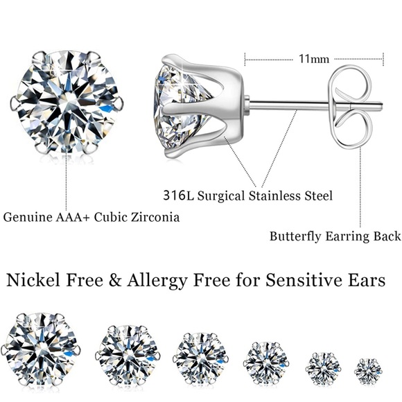 6 Pairs Stainless Steel Stud Earrings Set Hypoallergenic 14K White Gold 316L CZ. - Picture 4 of 6